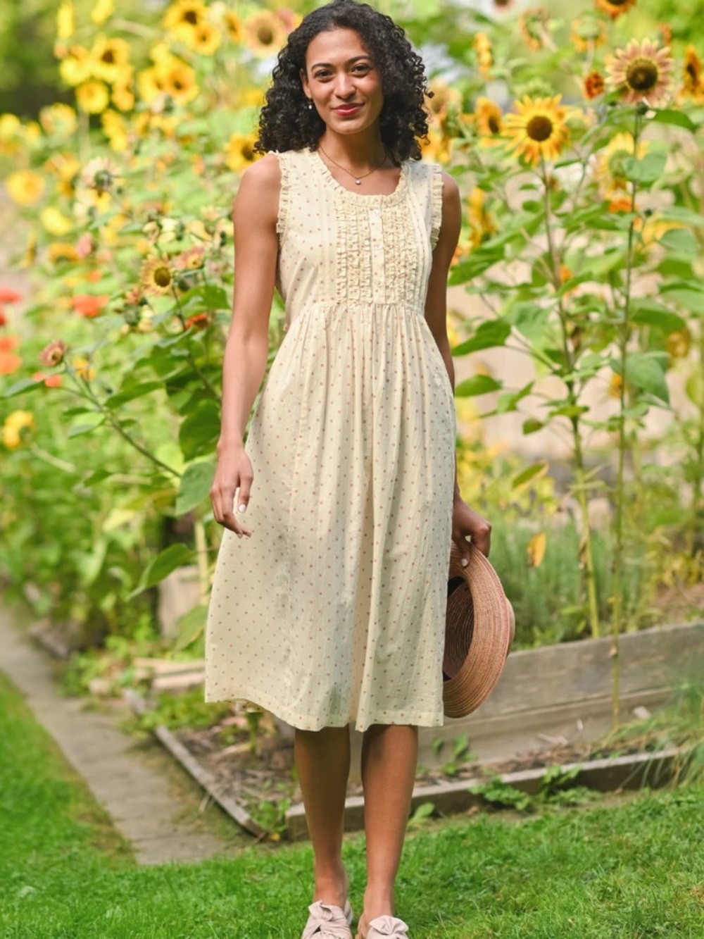 April Cornell Sleeveless Cream Midi Dress with Tie Back waist